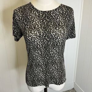 Christine Gerard Womens Large Animal Print Top Black Tan Short Sleeve Stretchy